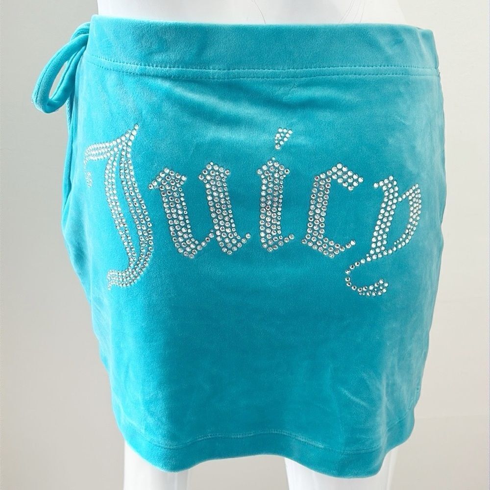 Y2K Vibes Juicy Couture Turquoise Mini Wrap Skirt Coverup w Rhinestone Logo